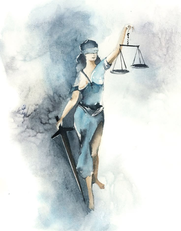 Watercolor illustration of Lady Justice holding scales and a sword.