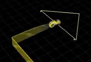 In-game screenshot of a yellow Armagetron cycle with a translucent lag-o-meter region extending behind and around it.
